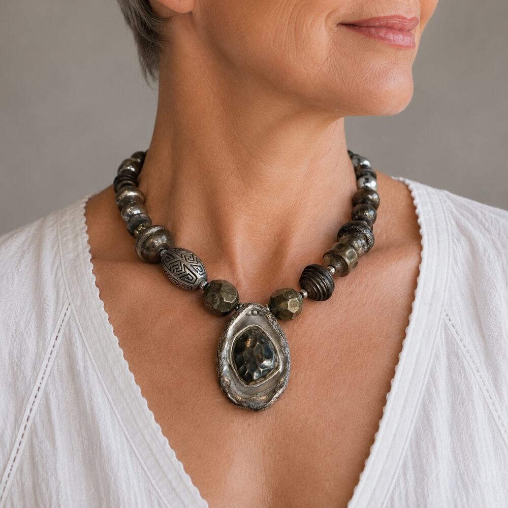 Chico's Silver Bronze Beaded Pendant Necklace